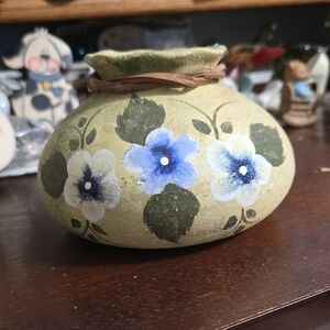 Hand-Painted Floral Pottery Vase - Blue & Green Flowers